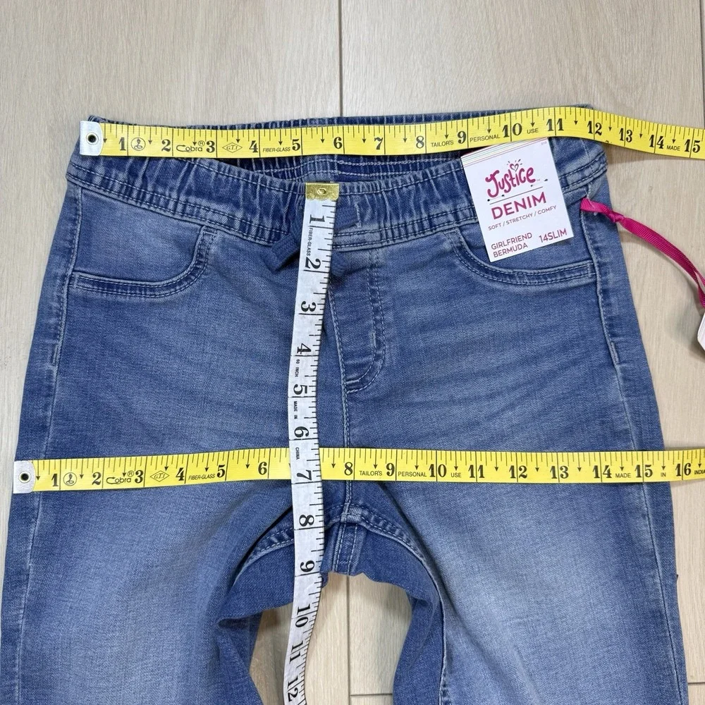 NWT Size 14 Justice Girls Denim Bermuda Shorts Slim Pull On Stretch Medium Wash